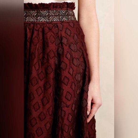 Anthropologie Maeve Diamond Cut Midi Full Skirt Size 2 Embroidered Waist Brown - Picture 9 of 12